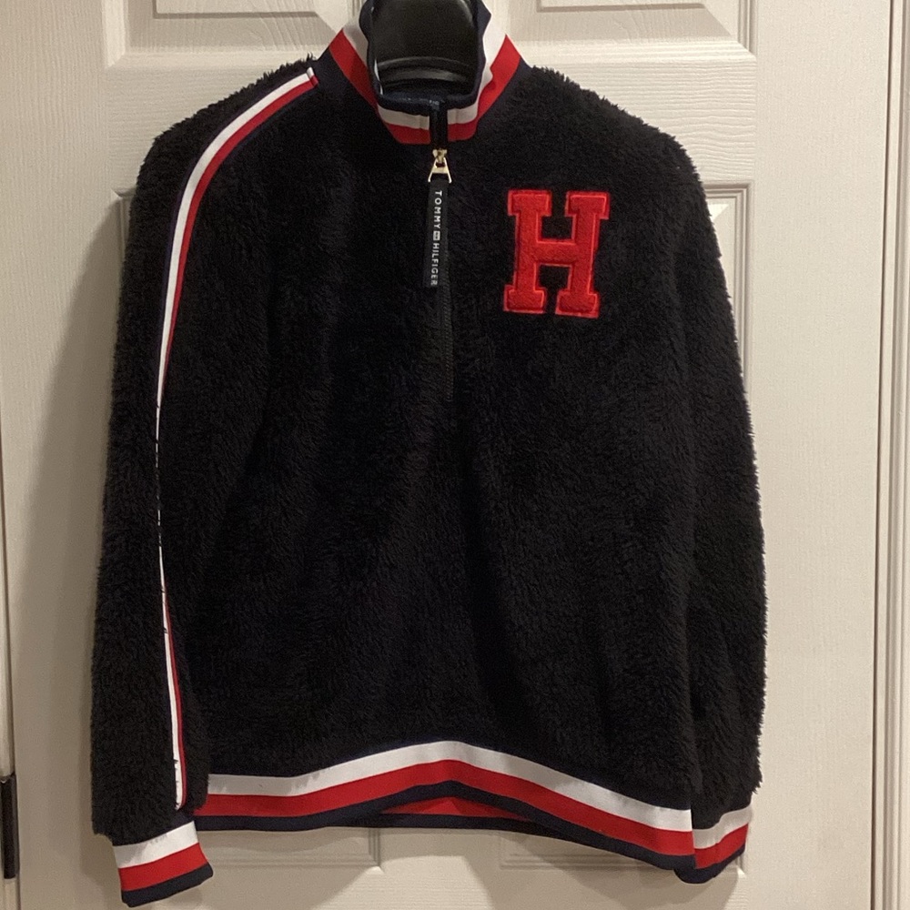 Tommy Hilfiger Striped-Trim Half-zip Sherpa Sweatshirt, Size S?